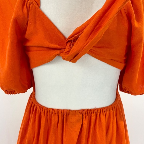 Who What Wear Open Back Tie Puff Sleeve Linen Blend Midi Dress Orange Size XS - Picture 13 of 16